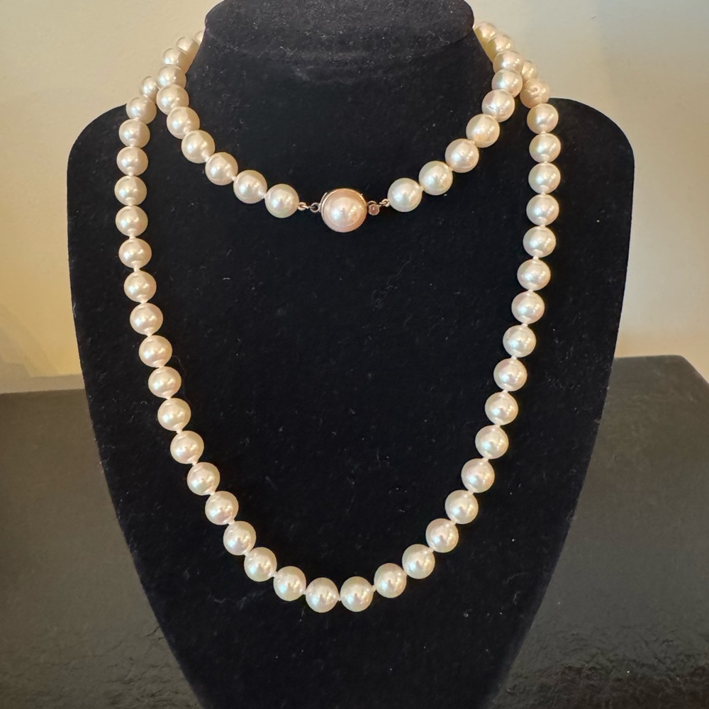 Metall Signed Faux Pearl 5mm Knotted 925 Clasp Necklace